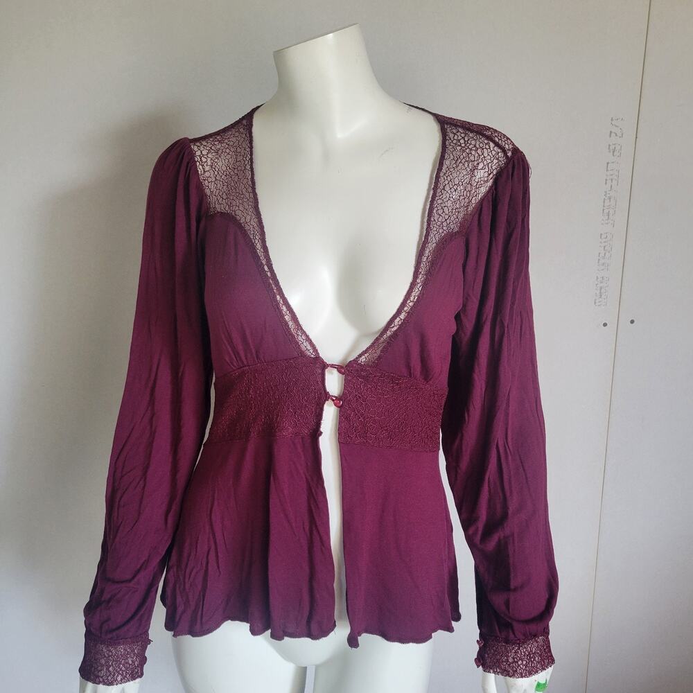 Free People Women's Sz. L Long Sleeve Burgandy Open Button Beach Peasant